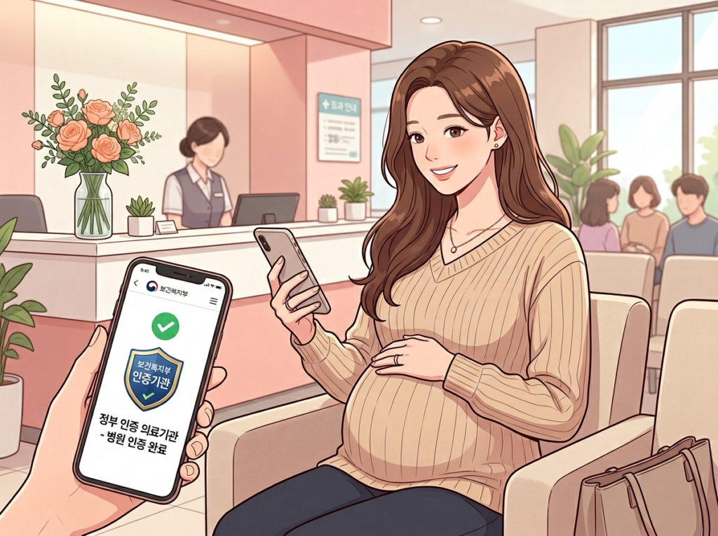 자신감 있고 안심한 표정의 임산부(베이지 니트, 갈색 긴 웨이브 머리, 부드러운 배 볼륨)가 밝은 병원 대기실 의자에 앉아 스마트폰을 들고 있다. 화면에는 정부 웹사이트 인터페이스에 방패 배지 아이콘과 체크마크가 보인다. 뒤편 접수 데스크에는 복숭아색 꽃이 담긴 꽃병이 있고, 따뜻한 핑크와 크림 톤 병원 로비에 자연광이 들어온다.