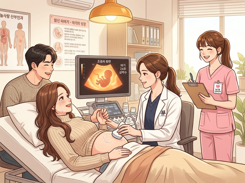 부드럽고 전문적인 초음파 검사 장면. 임산부(베이지 니트, 갈색 웨이브 머리, 배 볼륨)가 검사 테이블에 편안히 누워 머리를 약간 들고 초음파 모니터를 감동적이고 평화로운 표정으로 바라본다. 여의사(흰 가운, 네이비 스크럽, 갈색 포니테일)가 옆에 앉아 따뜻한 전문적 미소로 초음파 프로브를 환자 배에 부드럽게 적용하고 있다. 모니터에는 부드럽게 빛나는 아기 실루엣이 보인다. 간호사(핑크 스크럽, 하트 뱃지)가 클립보드를 들고 옆에서 지지하며 미소짓고 있다. 검사실 세부사항: 따뜻한 앰버 검사 램프, 벽의 해부도, 창가의 작은 녹색 식물, 얇은 커튼을 통해 걸러진 부드러운 아침 햇살.