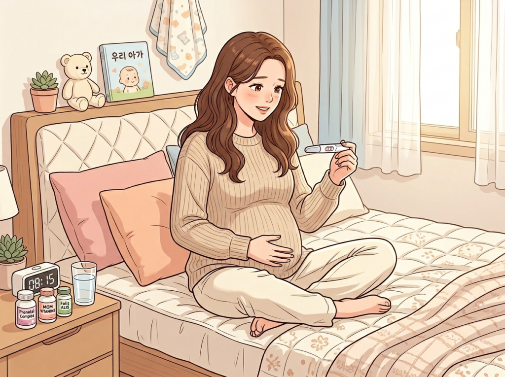 베이지 니트를 입은 임산부가 부드러운 침대에 앉아 임신 테스트기를 손에 들고 놀라움과 설렘이 섞인 표정으로 바라보고 있다. 침대 옆 테이블에는 디지털 시계, 물 한 잔, 산전 비타민 병들이 놓여있다. 침실은 따뜻하고 아늑하며 얇은 커튼을 통해 부드러운 아침 햇살이 들어온다. 배경에 작은 곰 인형과 아기 책이 보인다.