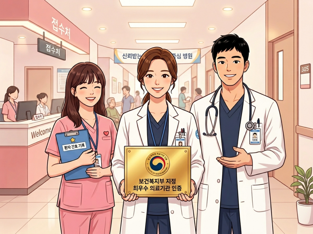 밝은 병원 복도에서 따뜻한 그룹 장면. 중앙의 여의사(흰 가운, 네이비 스크럽, 갈색 포니테일, 자신감 있는 따뜻한 미소)가 공식 인장이 있는 황금색 정부 인증 플라크를 자랑스럽게 들고 서 있다. 왼쪽: 간호사(핑크 스크럽, 하트 뱃지, 밝은 표정)가 별 배지 아이콘이 보이는 클립보드를 들고 있다. 오른쪽: 남성 의사(흰 가운, 검은 짧은 머리, 청진기)가 손을 모으고 전문적이고 환영하는 자세로 서 있다. 뒤편: 부드러운 핑크와 크림색 벽의 밝고 깨끗한 병원 복도, 배경에 보이는 접수 데스크, 따뜻한 천장 조명, 벽 옆 작은 화분.