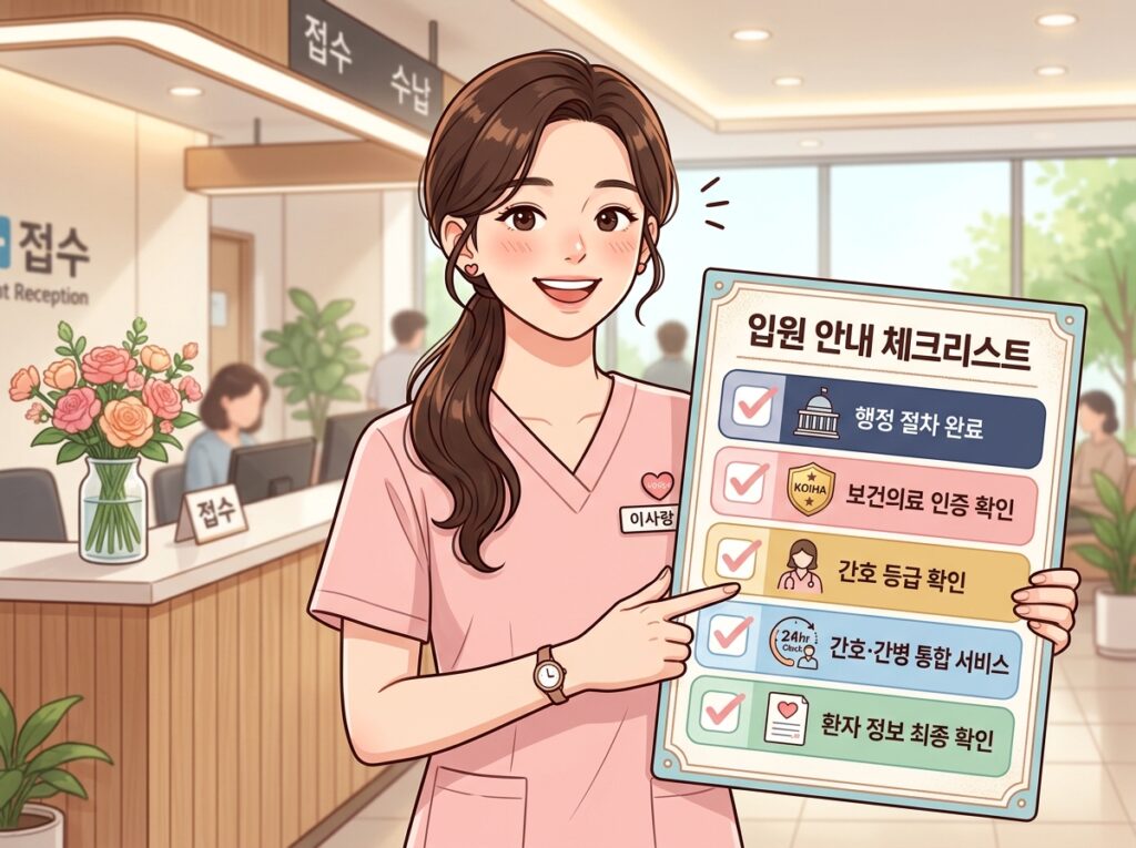 임산부가 밝고 깨끗한 책상에 앉아 펜과 큰 체크리스트 클립보드를 들고 있다. 클립보드 상단에 '여성병원 선정 체크리스트' 제목이 있고, 5개의 빈 체크박스 행과 작은 아이콘 일러스트가 있다. 첫 번째 박스를 막 체크했으며 작은 만족스러운 미소가 얼굴에 나타나기 시작한다. 책상 위: 정부 웹사이트를 보여주는 노트북, 따뜻한 차 한 잔, 파스텔 컬러 정보 카드 더미.