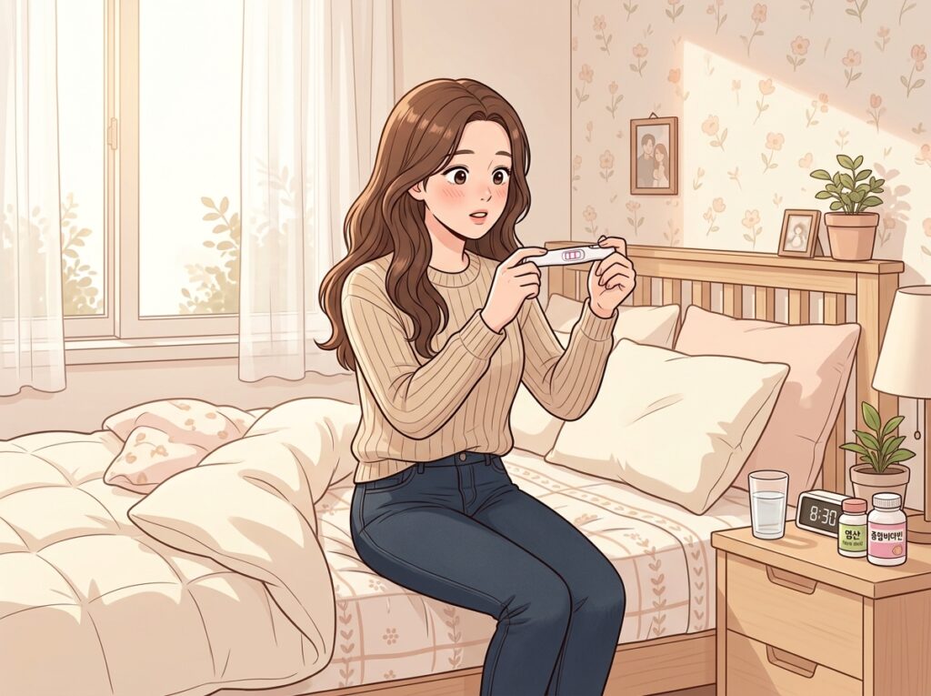 베이지 니트를 입은 임산부가 부드러운 침대에 앉아 임신 테스트기를 손에 들고 놀라움과 설렘이 섞인 표정으로 바라보고 있다. 침대 옆 테이블에는 디지털 시계, 물 한 잔, 산전 비타민 병들이 놓여있다. 침실은 따뜻하고 아늑하며 얇은 커튼을 통해 부드러운 아침 햇살이 들어온다.