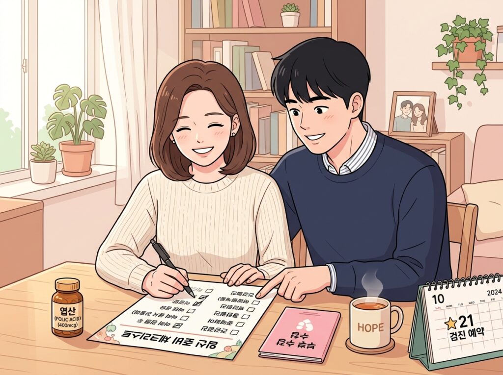 좌우 분할 웹툰 일러스트. 왼쪽(회색-베이지): 한국 여성이 임신 테스트기를 보며 당황한 표정으로 서있다. 테이블에 흩어진 비타민, 읽지 않은 건강 책, 위에 떠있는 물음표. 오른쪽(밝은 피치+네이비): 같은 여성이 자신감 있는 미소로 부드러운 체크마크가 있는 완성된 체크리스트 클립보드를 들고있다. 책상에: 깔끔하게 정돈된 엽산, 건강 수첩, 예약 표시된 캘린더, 작은 식물. 위에 부드러운 녹색 체크마크.