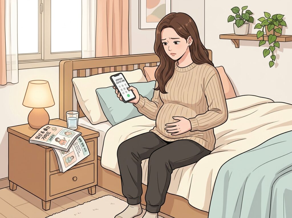 임산부가 침대 가장자리에 앉아 약간 앞으로 기울인 자세로 걱정스러운 표정이다. 깨끗한 한국 웹툰 일러스트 스타일. 한 손은 하복부에 부드럽게, 다른 손은 병원에 전화하려는 듯 스마트폰을 들고있다. 이마는 걱정으로 찌푸려져 있지만 표정은 침착하고 책임감 있다. 침대 옆 테이블: 물 한 잔, 관련 페이지가 펼쳐진 임신 가이드북, 따뜻한 빛을 비추는 작은 램프.