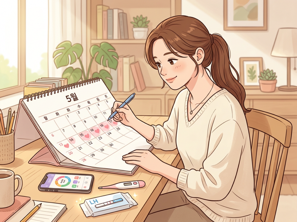 달력과 배란 테스트기로 가임기를 확인하는 여성