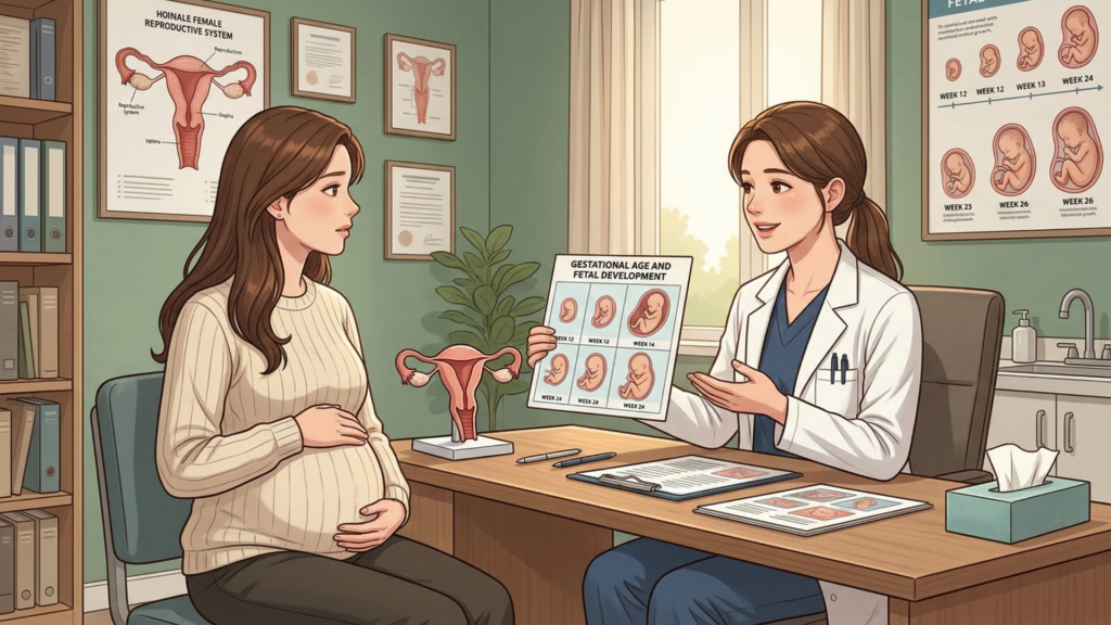 "의사가 진료실에서 임산부에게 태아 발달 단계와 임신 주수를 설명하는 상담 장면"