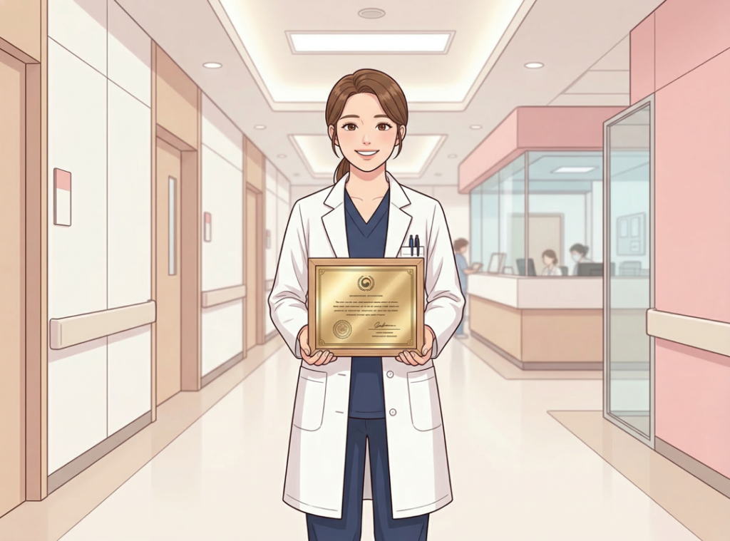 네이비 의료복을 입은 여의사가 정부 인증 현판을 들고 병원 복도에서 미소 짓는 장면