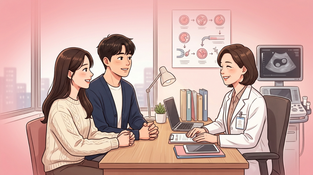 한국인 코디네이터와 함께하는 희망적인 의료 상담 장면 일러스트