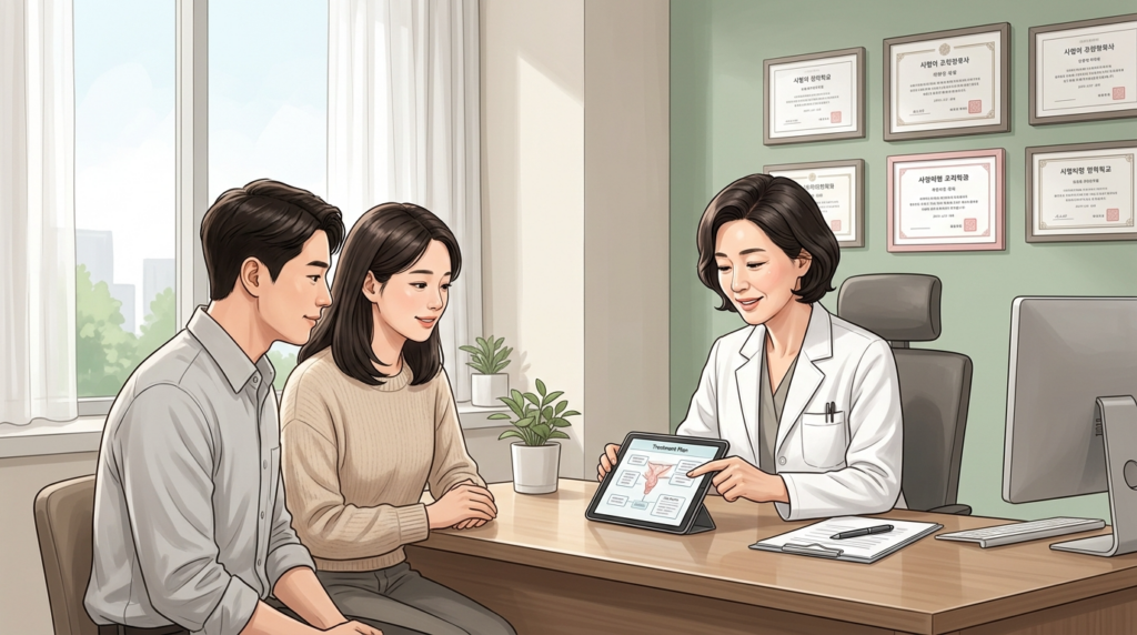 분당제일여성병원 난임 전문의가 부부에게 태블릿으로 맞춤 치료 계획을 설명하는 상담 장면