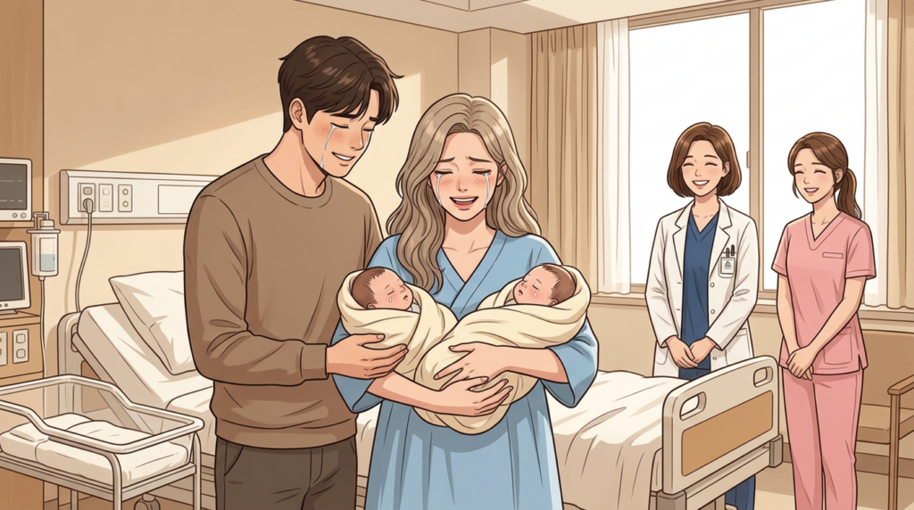 분당제일여성병원에서 쌍둥이 출산 후 두 신생아를 안은 한국인 산모와 남편, 전문의, 간호사의 감동적인 순간