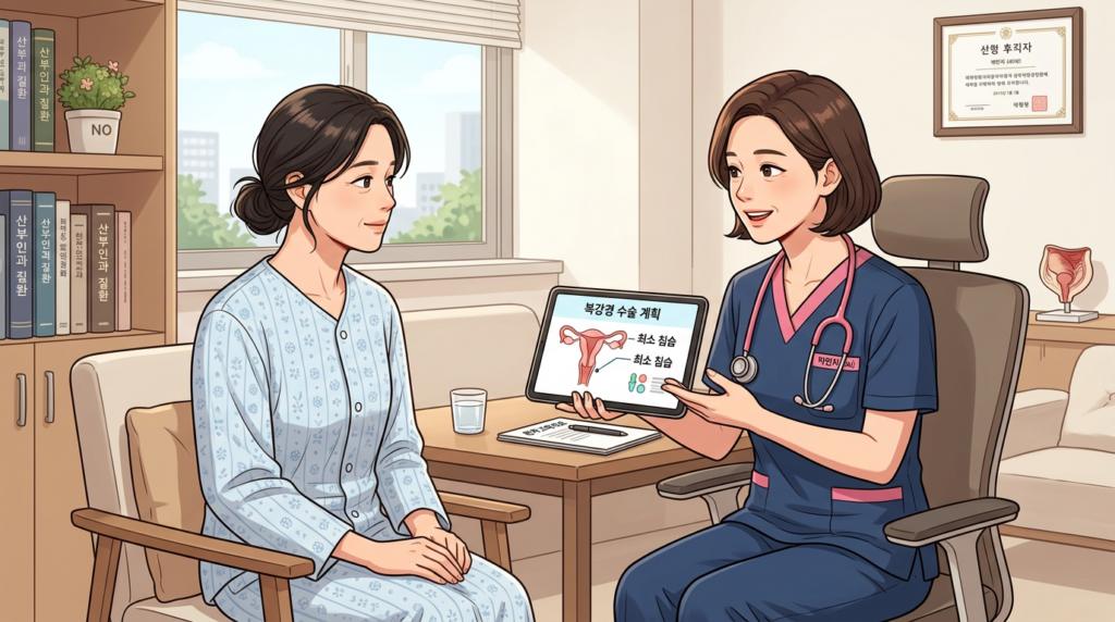 의사가 환자에게 복강경 수술 계획을 태블릿으로 설명하는 상담 장면