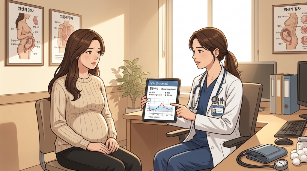 분당제일여성병원에서 임신성 당뇨 임산부가 전문의로부터 태블릿으로 혈당 모니터링 차트 설명을 듣는 상담 장면